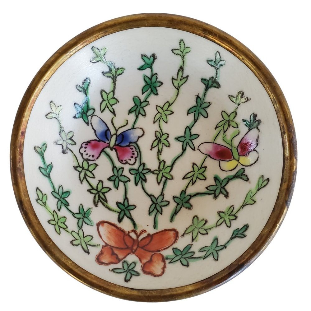 Hand Painted Floral Trinket Bowl Porcelain Ware Enamel Over Copper Butterflies